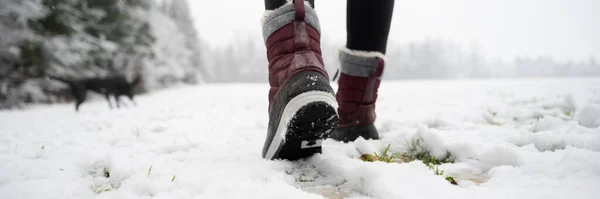 Niedriger Winkel Weitwinkelbild Von Weiblichen Beinen Winterstiefeln Wandern Schneebedeckter Natur — Stockfoto