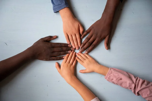 Top View Five Hands Children Mixed Races Making Star Conceptual — Stock Photo, Image