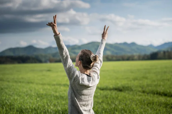 一个女人高高地举着她的双臂 胜利地站在那里庆祝她的生命和成就 在绿地或草地上 夏日的天空充满了戏剧性的云彩 — 图库照片