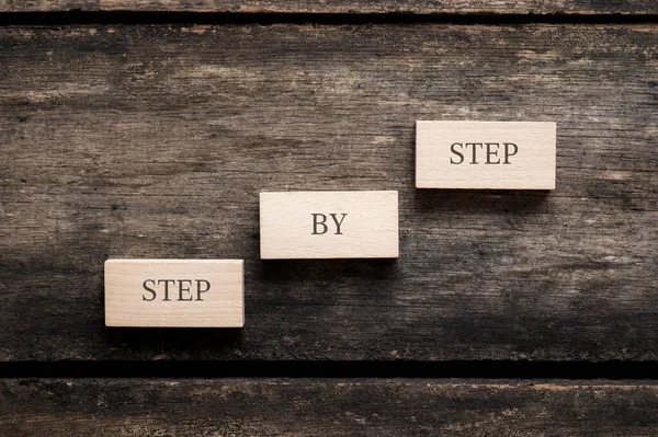 Three Wooden Pegs Step Step Sign Placed Staircase Structure Conceptual — Stock Photo, Image