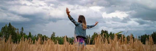 Wide View Image Young Woman Celebrating Enjoying Life Standing Her — Stock Photo, Image