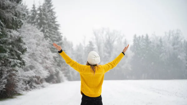 View Woman Bright Yellow Sweater Enjoying Life Standing Her Arms — Stock Photo, Image