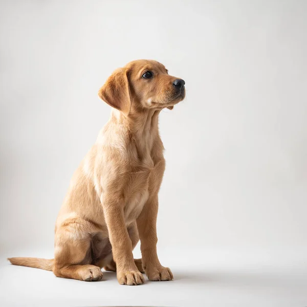 美しい純金のラブラドールレトリバー子犬が座っているスタジオショット 白地に — ストック写真
