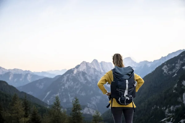View Young Female Hiker Backpack Her Back Standing Resting Her — Stock Photo, Image
