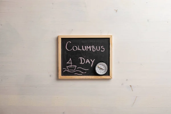 Top View Small Blackboard Columbus Day Sign Written Compass Simple Royalty Free Stock Photos