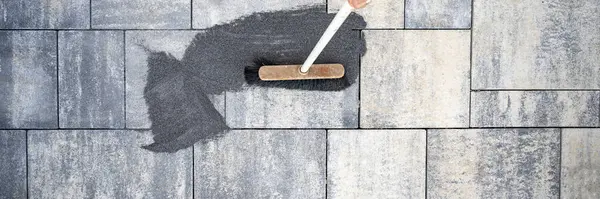 Top View Broom Brushing Tile Gaps Sand Cement Tiles Freshly Stock Image
