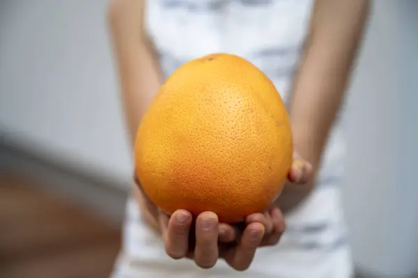 儿童手拿着成熟的大柚子直接对着相机的合影 — 图库照片