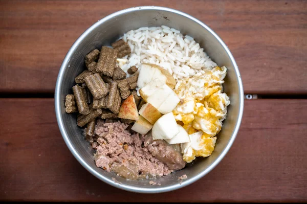 Top View Carefully Prepared Meal Dog Meat Rice Apples Eggs Royalty Free Stock Images