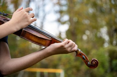 Açık havada keman çalan bir müzisyenin ellerinin yakın çekimi, bulanık yeşil ve altın arkaplanlı, doğadaki müziğin güzelliğini yansıtan.