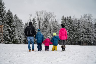 Renkli kışlık ceketler giymiş beş kişilik bir aile, soğuk ve bulutlu bir günde karla kaplı ağaçlarla çevrili bir tarlada el ele yürür..