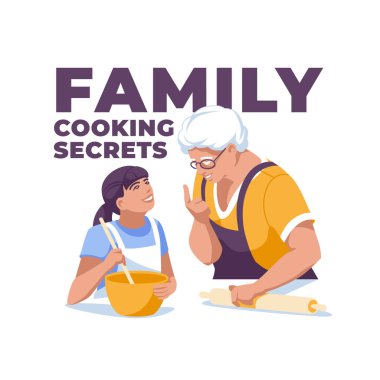 Büyükannem beyaz arka planda izole edilmiş torunuyla yemek pişiriyor. Vektör düz resimleme