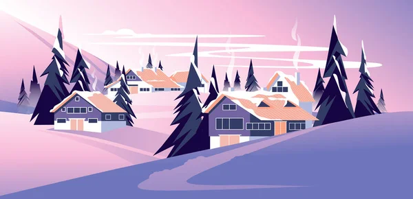 Huizen Een Wintersprookjesachtig Landschap Met Sneeuw Bedekte Naaldheuvels Bij Zonsondergang — Stockvector