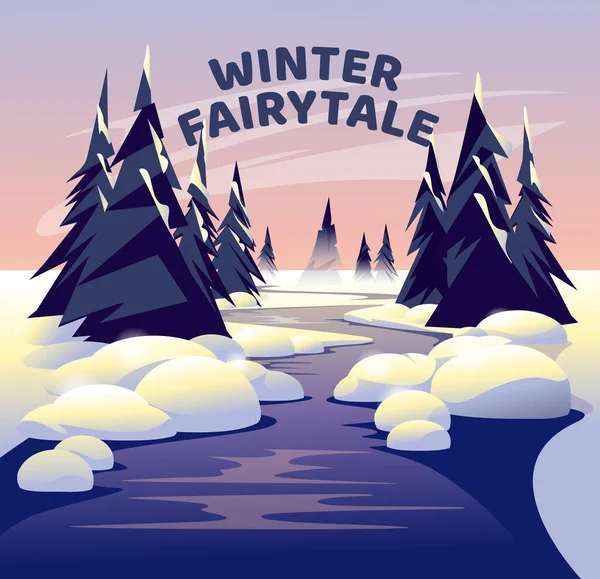 Water Flow Pine Trees Winter Snowy Landscape Fairy Tail Sunrise — Vector de stock