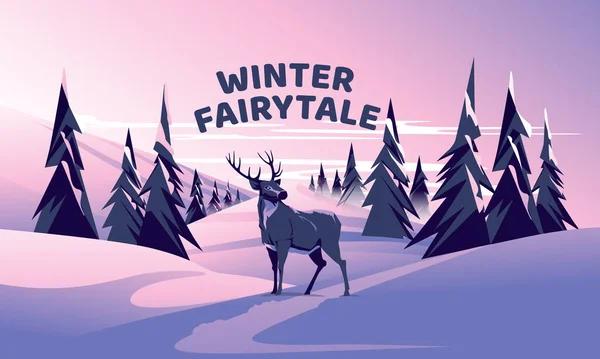Winter Fairytale Landscape Deer Coniferous Forest Sunset Holiday Season Vector — Vector de stock