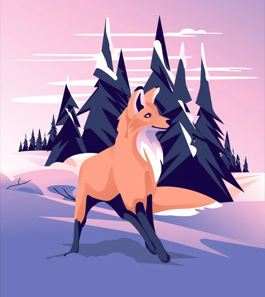 Fox Winter Coniferous Forest Fairy Tail Sunset Landscape Seasonal Rest — Vector de stock