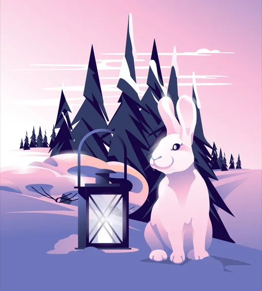 冬の森の風景の中に提灯とかわいい白いウサギ 妖精の尾の夕日 ホリデーシーズンだ ベクターイラスト — ストックベクタ
