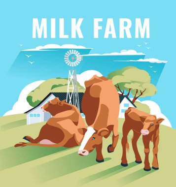 cow with calf on green meadow against farm house. Vector flat illustration. Agriculture, animal husbandry and farming.