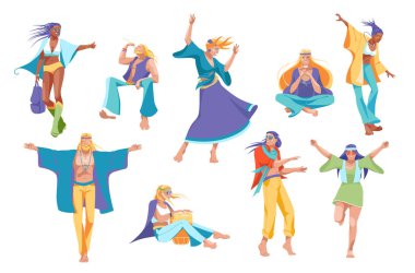 set of hippie people characters isolated on white background. Wonderful, love and peace. Vector flat illustration
