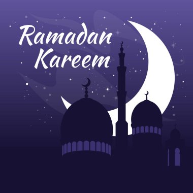 The silhouette of the mosque against the background of the new moon. Celebrating Ramadan. islamic holiday Starry night, purple color. Greeting card. Vector illustration
