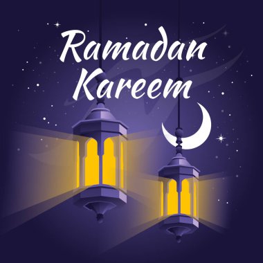 Yeni ayın arka planında geleneksel Arap fenerleri. Ramazan tebrik kartı. İslami sembol. Mor yıldızlı gece. Vektör illüstrasyonu