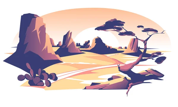日没の石と砂漠の風景 田舎のパノラマ ベクトル平図 — ストックベクタ