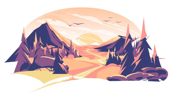 日没の山道風景 茂みや草と丘の水平方向のパノラマ ベクトル平図 — ストックベクタ