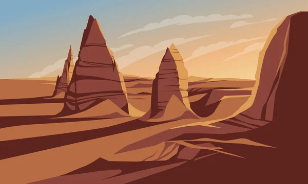 石と砂の日没の砂漠 風景画 フレアベクトルイラスト — ストックベクタ