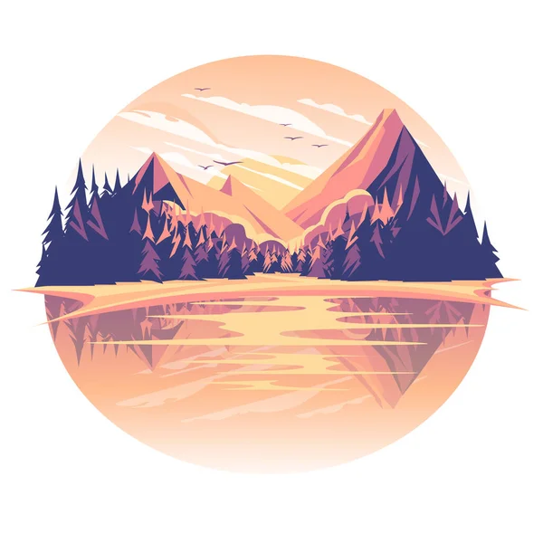 フォレストマウンテン湖の夕日 針葉樹 季節の観光のアイデア クライミングとハイキング ベクトル平図 — ストックベクタ