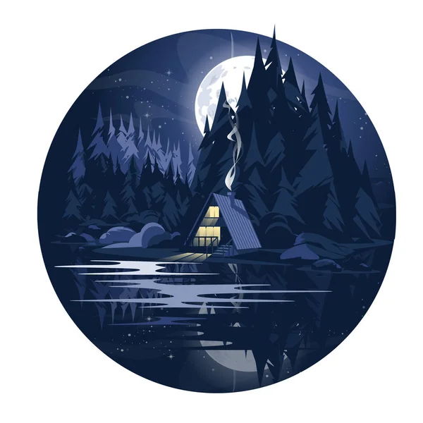 夜は針葉樹湖の木造レストハウス 大きな月と松林 水の中の反射 ベクトルフラットイラスト 屋外レクリエーションのためのアイデア — ストックベクタ