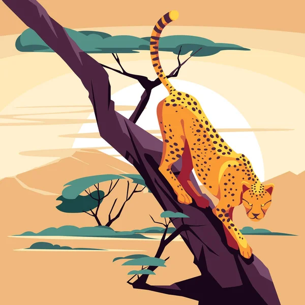 草原上一棵树上的猎豹 野生动物 环境保护 矢量平面插画景观 野生动物 环境保护 矢量平面插图 — 图库矢量图片