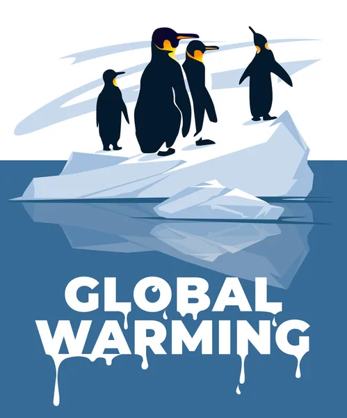 Conceito Cartaz Aquecimento Global Pinguins Num Iceberg Derreter Ilustração Plana — Vetor de Stock