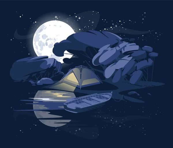 一晩水のそばでキャンプ テント照明 暗い月明かりの夜 ベクトル平図 — ストックベクタ