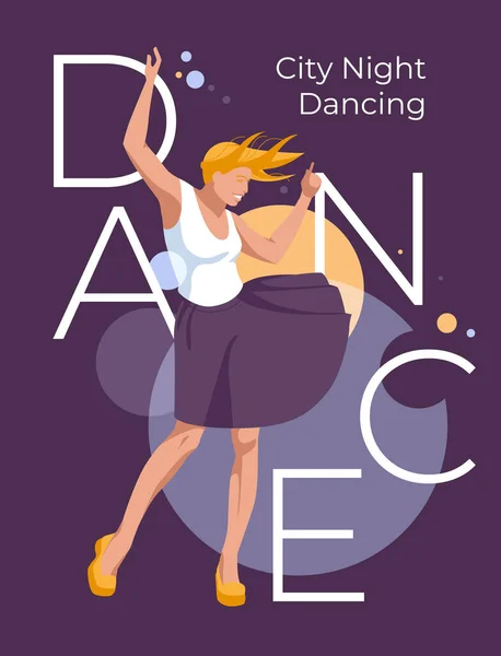 魅力的な若い女性とダンスパーティーポスターデザイン 抽象的な丸い球の背景 広告チラシ ポストカード ベクトル平図 — ストックベクタ