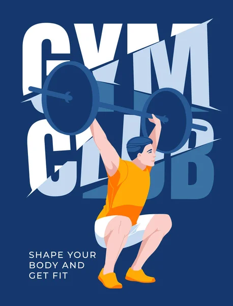 Gym Plakát Design Atletický Muž Činkou Velkém Textovém Pozadí Reklamní — Stockový vektor