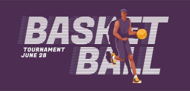 Basketbol posteri tasarımı. Yazıtlar ve hareket halindeki bir atlet. Okul, maç ve spor müsabakaları. Vektör düz resimleme