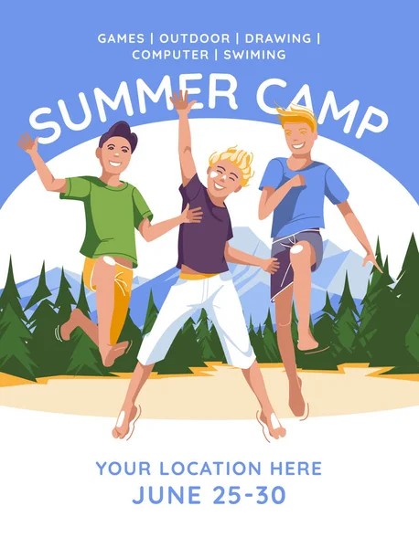 Publicité Camp Été Pour Enfants Trois Garçons Sautant Sur Fond — Image vectorielle