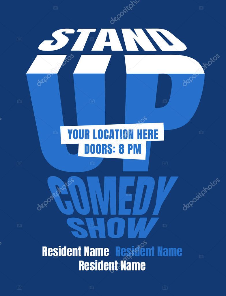 Creative typography club poster. Advertisement of an evening comedy show. Vector flat illustration.