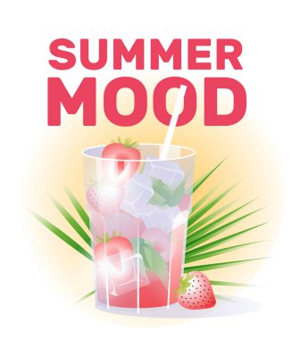 Bardakta çilekli nane kokteyli. Yaz partisi, plaj etkinliği, tatil konsepti. Palmiye yapraklı beyaz arka plan. Vektör illüstrasyonu