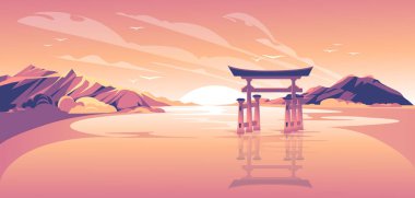 Günbatımı manzarası Japon torii ile su ve dağlarda. Pembe, turuncu ve mor renkte. Vektör illüstrasyonu