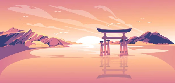 Atardecer Paisaje Con Torii Japonés Agua Las Montañas Gradiente Rosa — Archivo Imágenes Vectoriales