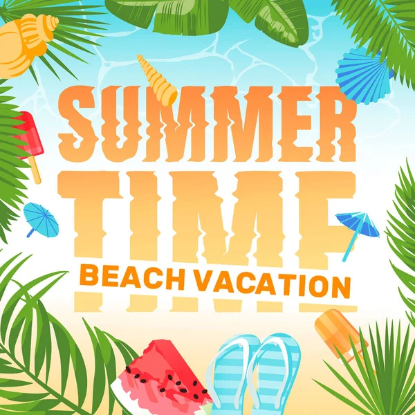 Publicidad Temporada Vacaciones Verano Con Texto Grande Accesorios Viaje Gradiente — Vector de stock