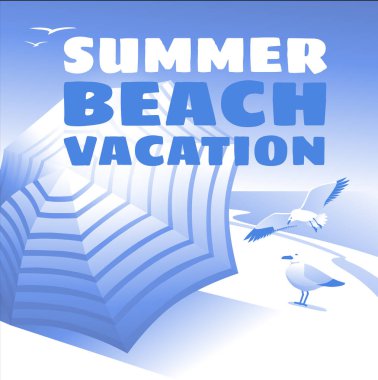 Deniz kıyısında büyük mavi çizgili bir plaj şemsiyesi. Martılar güneş ışığı, eğimli mavi gökyüzü arkaplanı. Yazın, tatilin, sahil tatilinin sembolü. Vektör illüstrasyonu.