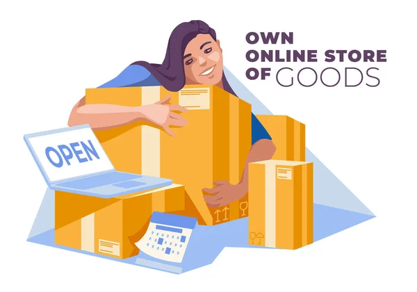 Girl Boxes Goods Online Store Shopping Delivery Concept Own Business — Stock Vector