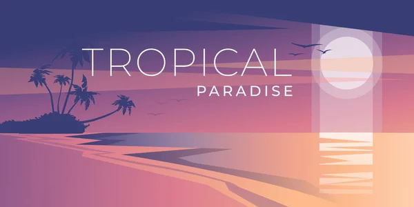minimalistic tropical landscape at sunset. OCEAN SHORE WITH PALM TREES. horizontal scene. purple and pink gradient. Vector illustration