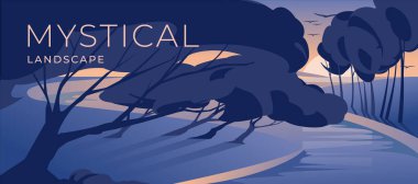 Alacakaranlık ağacı manzarası. Nehir ya da göl kıyısında. Mavi günbatımı renkleri. Gizemli doğa. Vektör illüstrasyonu