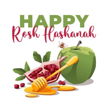 Rosh Hashanah tebrik kartı. Yapraklı nar meyvesi, yeşil elma, beyaz arka planda arı..