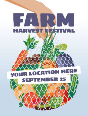 İnsan eli taze sebzelerle dolu bir ekolojik poşet tutuyor. Yerel bir çiftçi pazarının reklamı. Sonbahar hasat festivali afişi, kart, kartpostal. Vektör düz resimleme