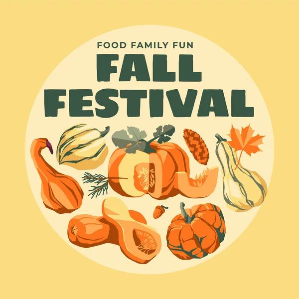 Set Van Verschillende Pompoenen Oogstfestival Boerenmarkt Thanksgiving Poster Kaart Reclame — Stockvector