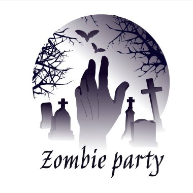 Gece mezarlığındaki mezardan çıkan bir cesedin ürpertici eli. Cadılar Bayramı kartpostalı, poster, kartpostal. Gradyan tarzı. Vektör illüstrasyonu