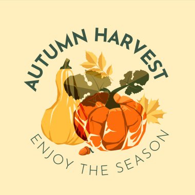 tarım, bahçıvanlık ve sonbahar hasat konsepti. Sonbahar yaprakları ve mesajları olan balkabağı. Risograf etkisi. Vektör düz resimleme